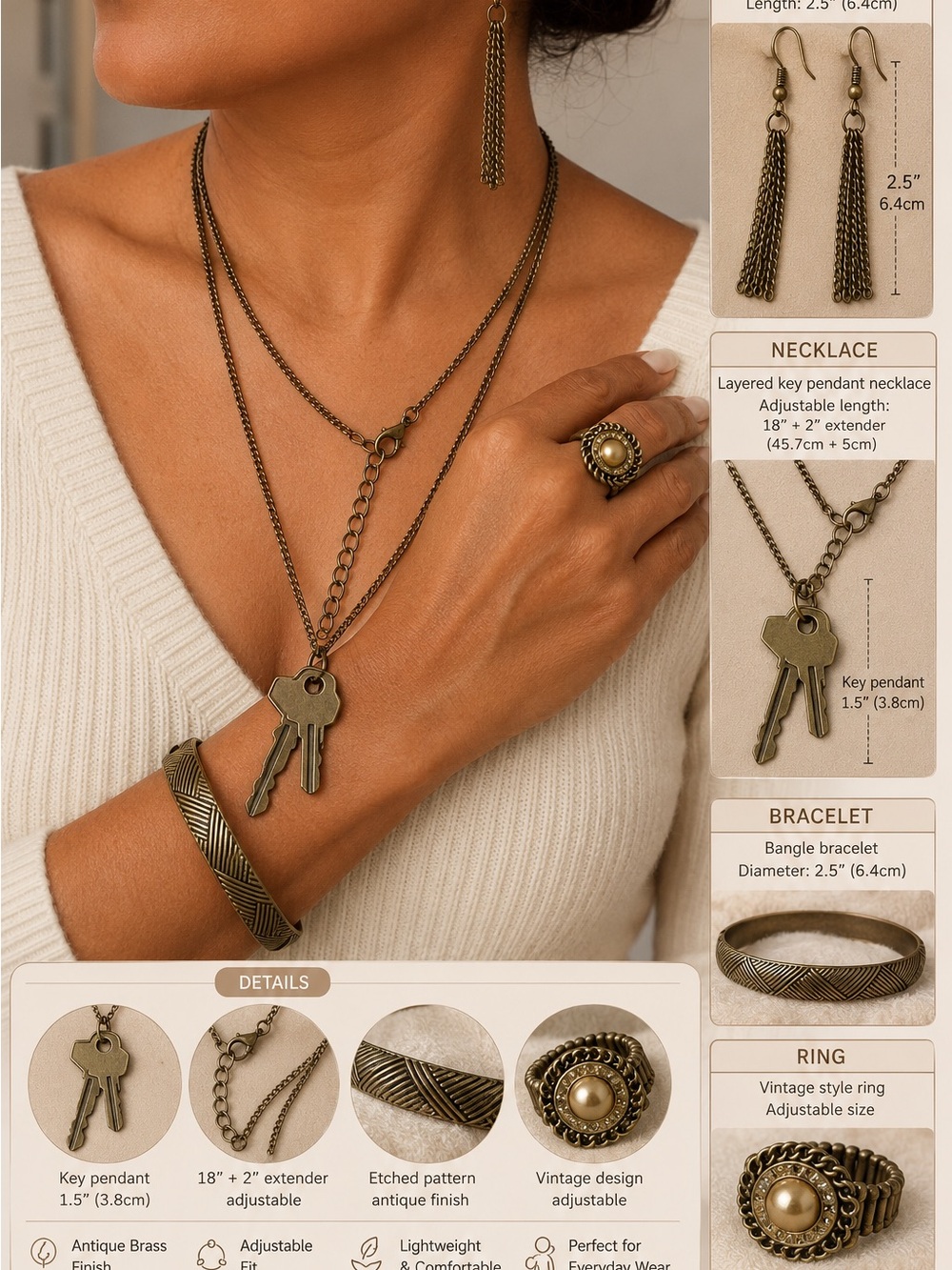 4pcs set-Layered Antique Brass Key Pendant Necklace-necklace-Bracelet & ring